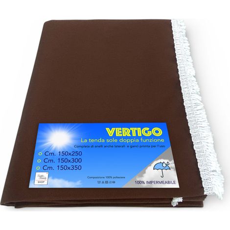 Tenda da Sole Vertigo Tex Family Marrone Unito 100% Poliestere Impermeabile Idrorepellente Tinto Filo Occhielli Acciaio Frangia Cm. 150x300