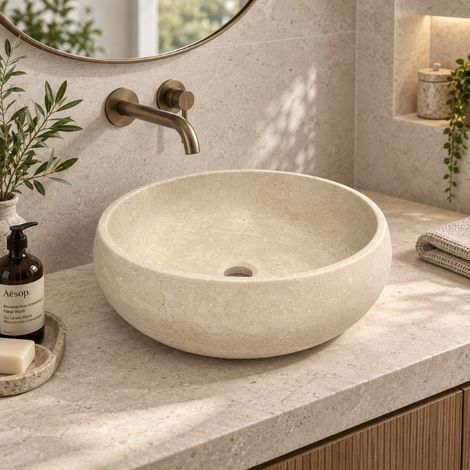 Vasque à poser ronde en pierre naturelle Travertin Beige 46x17 cm - À l'unité - Ti'ma Stone (1/5)