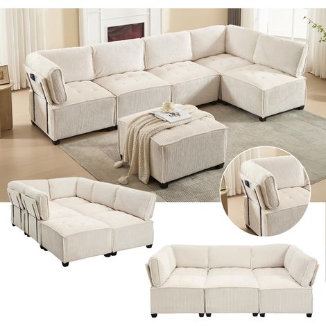 Canapé modulable 6 places de 308 cm de long, en velours côtelé, ergonomique, avec poches de rangement, modulable en U, en L ou convertible, structure robuste en bois et métal, montage facile, beige (1/5)