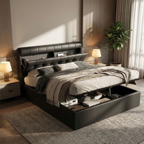 Fashion Upholstered Bed,135190(4ft6), Double Bed,Hydraulic Bed,Concealed Headboard Storage,Bed Box Storage,PU,With Slats and Headboard,Without Mattress,Black