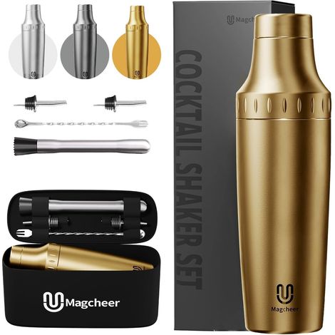 900ml Shaker Cocktail Isotherme avec Verre Doseur Intégré Kit Cocktail 5 Pièces avec Sac de Rangement Kit Barman pour Débutants et Barmans(Or) (1/5)