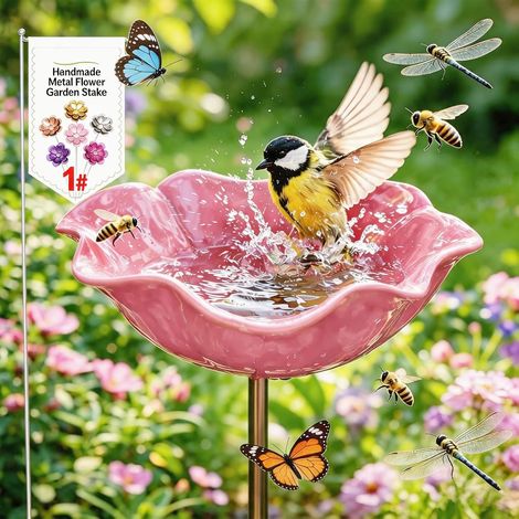 Vaschetta per uccelli in metallo con fiori, spiedini da giardino fatti a mano, vaschette per uccelli resistenti all'inverno e acqua anti-insetti, vaschetta per uccelli da giardino e patio 1 pezzo (1/5)