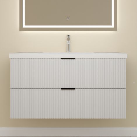 Aica Meuble de Salle de Bain suspendu Blanc 100 cm avec 2 tiroirs, vasque inclus (1/5)