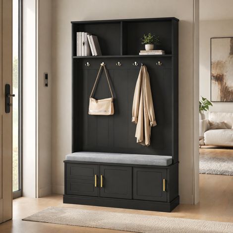 Recibidor con banco zapatero 6 ganchos triples, 120 x 40 x 191 cm negro DESVIAE (1/5)