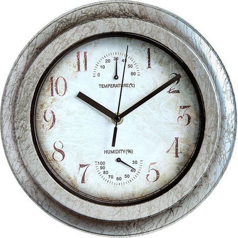 Horloge extérieure étanche avec thermomètre hygromètre, horloge murale en métal silencieuse sans tic-tac, horloge à piles pour piscine, jardin, terrasse, clôture, porche (1/5)