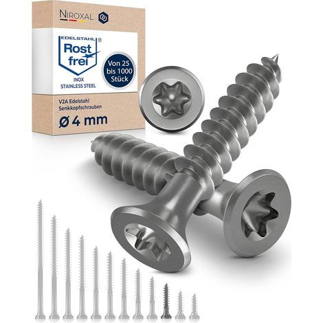 100 - Vis à bois - Acier inoxydable A2 - Filetage total Tête fraisée 90° Torx TX Pour menuiserie et ossature Bois Argent 4x25 cm (1/5)