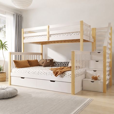 Lit enfant superposé 90 x 200 / 140 x 200 avec tiroirs et échelle, blanc et naturel DESVIAE (1/5)