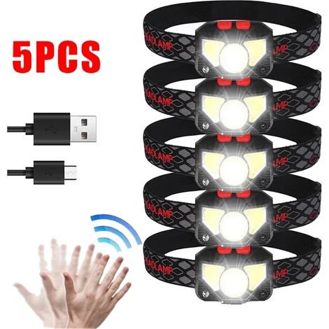 (5 pièces) Lampe frontale LED puissante à capteur, rechargeable par USB, idéale pour le camping, la recherche ou la pêche. (1/5)