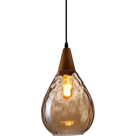 Suspension en Forme de Goutte d'eau, Lampe Suspendue en Bois avec Abat-Jour en Verre martelé, Lampes à Suspension de Plafond réglables, luminaire E27, Lustre d'intérieur à tête Unique (1/5)