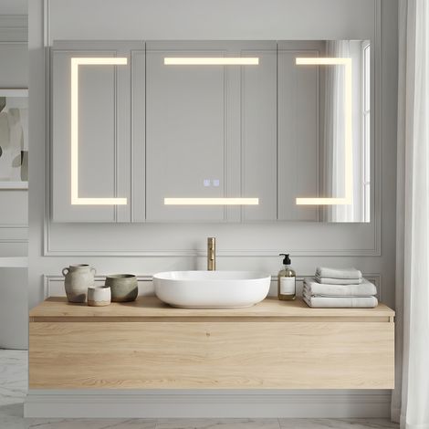 Armoire de Salle de Bain connectée LED miroir -Armoire de toilette miroir 3 portes, antibuée, mémoire, verre trempé HD - prise intégrée, 100x60 cm