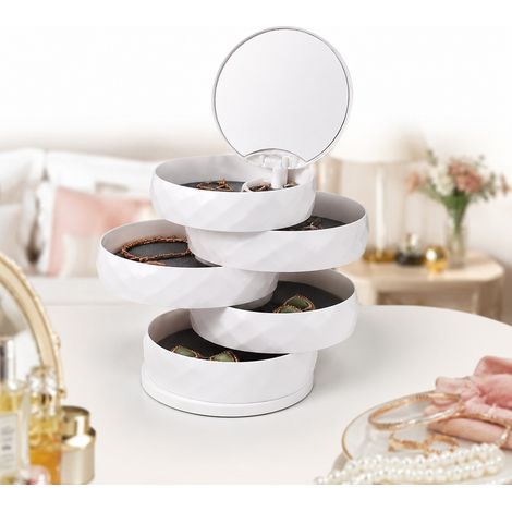 1 piece boite a bijoux rotative blanche, finition 5 niveaux, miroir dans couvercle, velours (1/5)