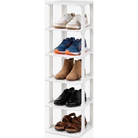 Scaffale portascarpe Relaxdays, 6 ripiani, HxLxP: 91 x 26,5 x 30,5 cm, impilabile, espandibile, plastica, bianco (1/5)