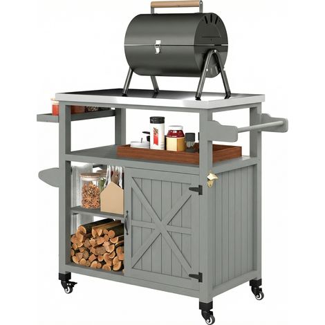 Chariot de jardin/grill sur roulettes avec plateau en acier inoxydable, 107 x 49,5 x 92,5 cm, gris