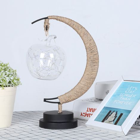 Lanterne en fil de cuivre, 20 LED, en forme de pomme, fabriquée à la main en corde de chanvre et en fer, veilleuse bleue pour chambre à coucher (1/5)