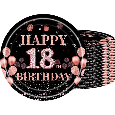 16 PCS Assiette Jetable 7 Pouces,Assiette Anniversaire Noir Rose Or,Decoration Anniversaire 18 Ans,Assiette Dessert Jetable pour Fêtes Joyeux Anniversaire Decoration,Kit Vaisselle Jetable Anniversaire (1/5)