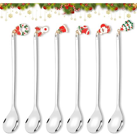 6 Cuillere a Cafe Noel, Cuillères à Café Noël, Petite Cuillère à Café Noel, Petite Cuillère avec Renne, Père Noël, Arbre de Noël pour Cadeau Noel, Cadeaux Noel, Decoration Noel Table, Argent (1/5)
