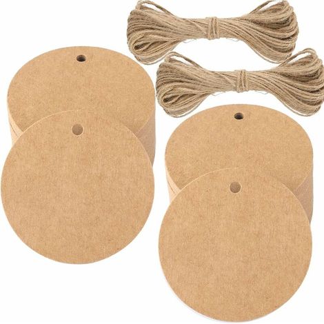 PA 50 pezzi Etichette regalo in carta kraft - Etichette rotonde 5,5x5,5 cm Etichette in carta kraft Etichette per matrimoni con spago per bomboniere di Natale, compleanno e comunione (marrone (1/5)