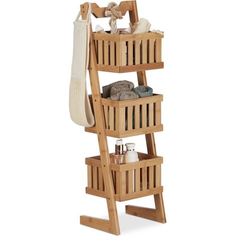 relaxdays 10021556 Scaffale Bagno Legno, 3 Cestini, Portatile, Cestini Portaoggetti, Salvaspazio, Resistente all'Acqua, Naturale, 77 X 23 X 20 Cm (1/5)