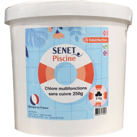 Chlore multifonctions sans cuivre, galet de 250g - Seau de 5Kg - SENET Piscine (1/3)