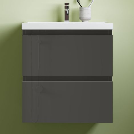 500mm Gloss Grey Bathroom Vanity Unit With Wash Basin Ceramic Sink, 2 Soft-Close Drawers for Storage,Storage Furniture Under Basin Cabinet, Wall Hung Cabinets