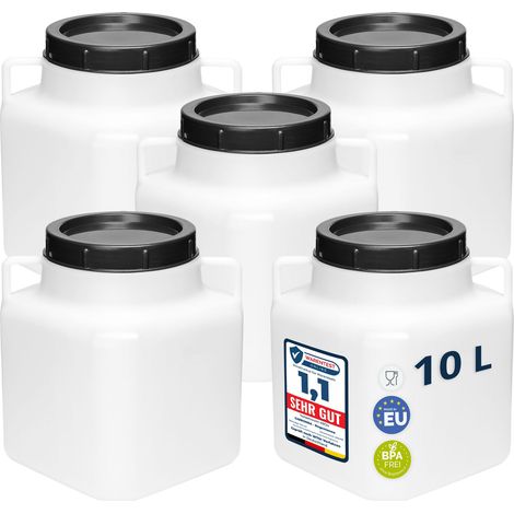 Garronda Lot de 5 fûts alimentaires carrés 10 L en HDPE sans BPA, à large ouverture avec couvercle, pour eau, aliments, choucroute et fermentation, blanc GD-0134