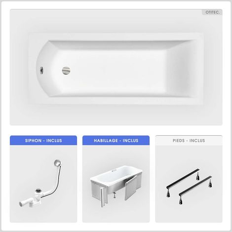Baignoire rectangulaire - 160 x 70 cm - avec Habillage (4 cm) - Pieds - Vidage Chrome - SHEA SLIM (1/5)