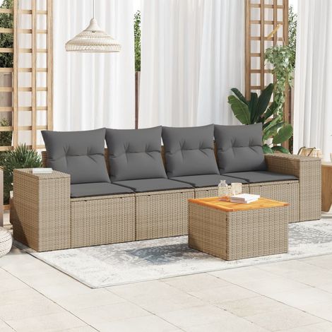 5-tlg. Garten-Sofagarnitur mit Kissen Beige Poly Rattan (1/3)