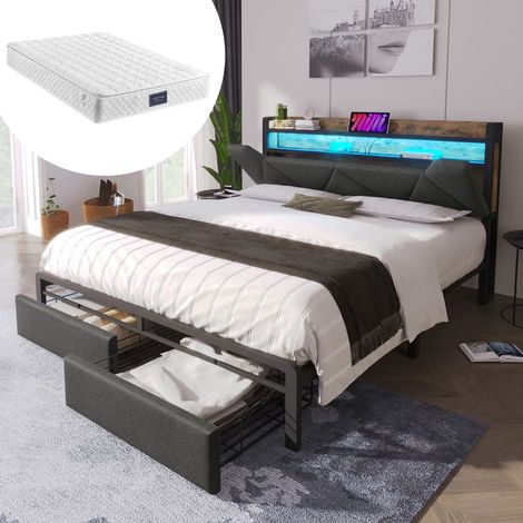 Lit coffre 160x200, rangement intégré usb-c led tablette tiroirs gain d'espace lit double (1/5)
