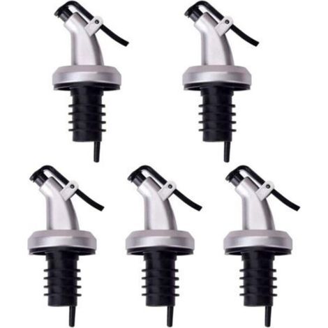 Lot de 5 bouchons doseurs avec compte-gouttes pour huile et vinaigre – en polypropylène et ABS, dimensions 8,5 x 3 cm, couleur noir et argenté (1/5)