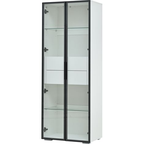 Vitrine de salon 60 x 40 x 160 cm en MDF et verre trempé avec LED, 2 tiroirs, blanche - MODENUIT (1/5)