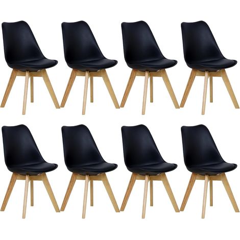 WOLTU Juego de 8 Sillas Negras de Estilo Escandinavo Con Patas de Madera (8 Sillas de Madera Maciza Y Piel Sintética)