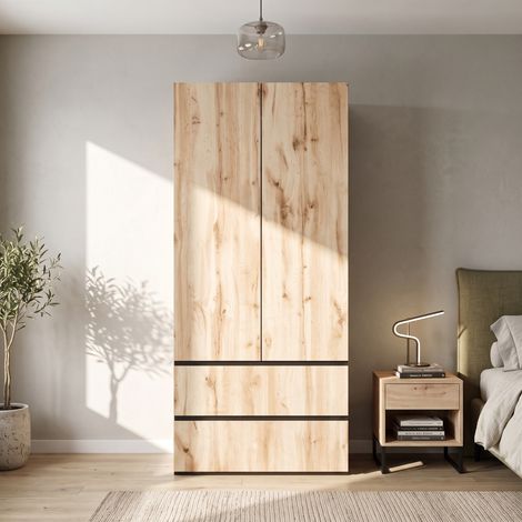 Armoire penderie 90×50×200 cm chêne artisan/blanc, tringle à vêtements, 2 tiroirs et 2 portes, meuble haut moderne pour chambre, entrée, chambre enfant et bureau (1/5)