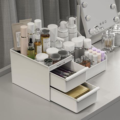 Rangement Maquillage et 2 Tiroirs, Grande Capacité Organisateur Maquillage Pour Dresser, Salle de Bain, Boite a Maquillage, Rangement Salle de Bain, Rangement Skincare (Blanc) (1/5)