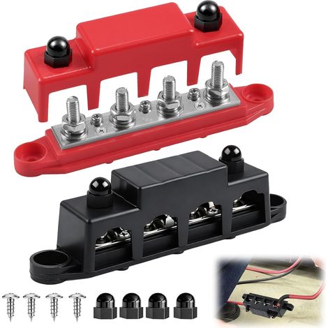 Busbar 12V 250A avec Couvercle, Bloc de Distribution d'Alimentation 12-48V, Bornier 4 x M8 et 3 x M4, Kit Bornier Voiture et Barres de Distribution pour Bateau Camping-Car Solaire (1/5)
