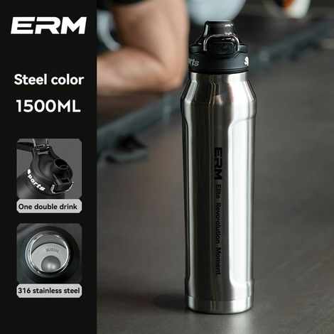 (Argent, 1500 ml) Bouteille d'eau isotherme pour boissons chaudes et froides, en acier inoxydable à double paroi, avec poignée de transport, adaptée au sport et aux activités de plein air. (1/4)