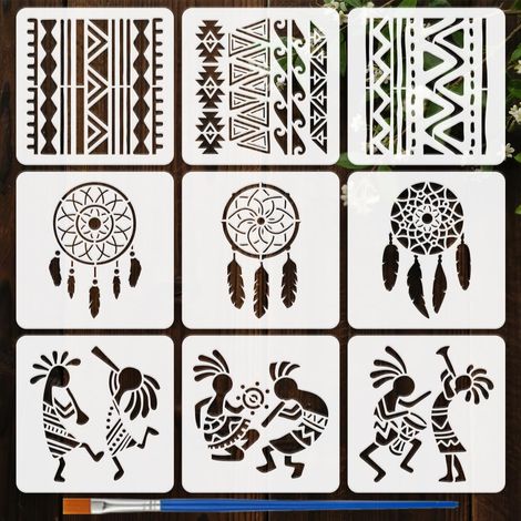 9Pcs Pochoirs à Motifs Tribaux Avec Pinceau 15x15cm Templates de Dessin Attrape-Rêves Pochoirs Personnages Géométriques Cartoon Pochoir Thème Tribal pour Décoration de Meubles (1/5)