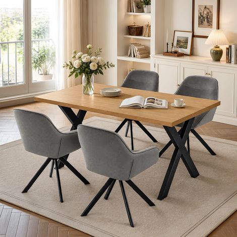 GOEURVANT Conjunto comedor Roble Silvestre y Terciopelo Gris Oscuro, 5 piezas, Mesa industrial con patas X y 4 sillas de comedor ergonómicas giratorias con acolchado grueso (1/5)