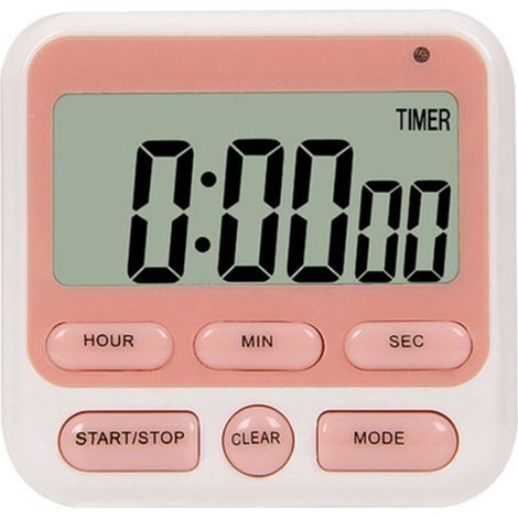 Digital kitchen timer, featuring a large LCD screen, adjustable alarm volume, multifunctional timer, backlit countdown timer and pink color. (1/5)