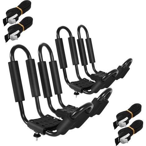 GOPLUS Set di 4 Porta Kayak su Auto con Coperture in Spugna, Portapacchi in Ferro per Kayak con 4 Cinturini, Porta Kayak Nero per Tetto Auto per Il Viaggio e Trasporto a Forma di U