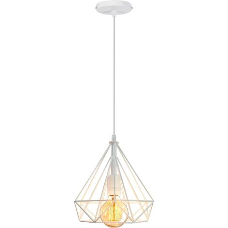 Suspension Luminaire Métal 25CM Design Cage Diamant Rétro Industriel pour Salon Cuisine Chambre Blanc (1/5)