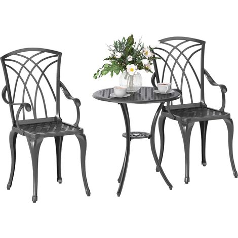3 Pieces Garden Dining Set for 2, Cast Aluminium Outdoor Dining Set with 2 Armchairs Round Dining Table with Parasol Hole, Garden Furniture Bistro Set, Brown (1/5)