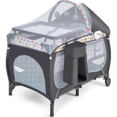 Goplus – Lit parapluie bébé 4 en 1 avec matelas – Boîte à musique et 3 jouets – Table à langer – Sac de transport – Dimensions 102x72x74 cm (1/5)