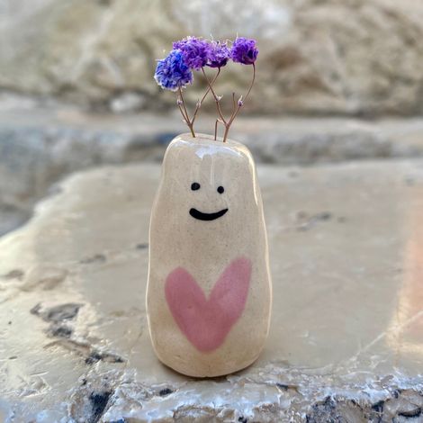 Pot Pets Handmade Ceramic Indoor Plant Pot, Happy Couple (Beige), Tiny Dried Flower Vase Planter Figurine, Artisan Pottery Decorative Ornament Gift for Home