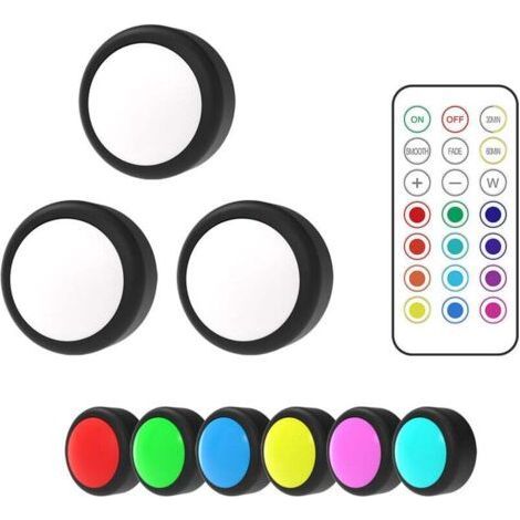 Rondelles lumineuses avec télécommande sous les lumières d'armoire LED à changement de couleur à piles sous les lumières de comptoir Stick On Light, noir et blanc 3PCS (1/5)