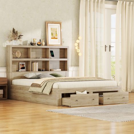 Lit king size 160x200 cm avec sommier à lattes en panneaux de particules, tête de lit intégrant un espace de rangement et deux tiroirs en pied, teinte naturelle (1/4)