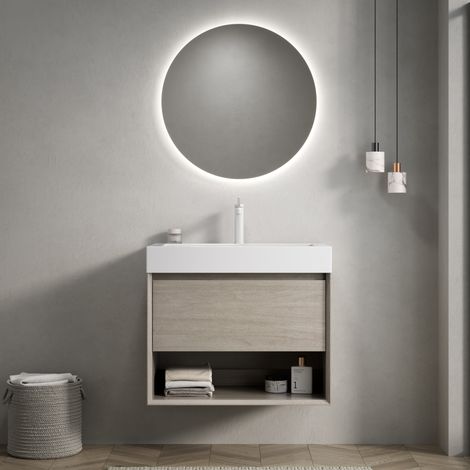 Meuble vasque mural 70 cm en bois clair avec vasque intégrée en résine blanche, 1 tiroir à fermeture douce et étagère ouverte, meuble prémonté – de FLORAGRACE (1/5)
