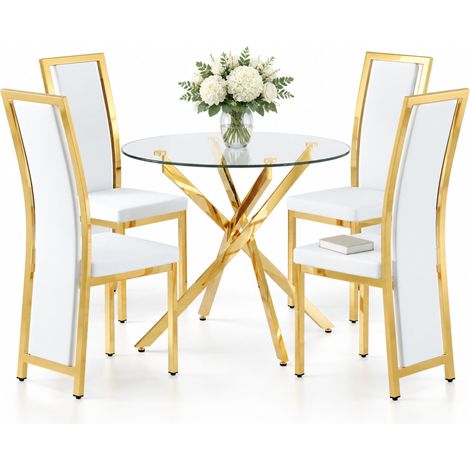 ELVMI Conjunto de Mesa y Sillas con 1 Mesa Redonda y 4 Sillas, Vidrio Templado, Metal y PU Blanco y Dorado (1/5)