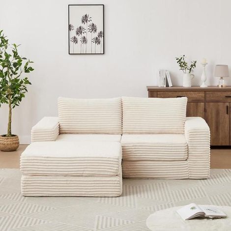 Canapé-lit - KOMHTOM - 2-en-1 convertible - velours côtelé beige - 2 coussins - repose-pieds amovible (1/5)