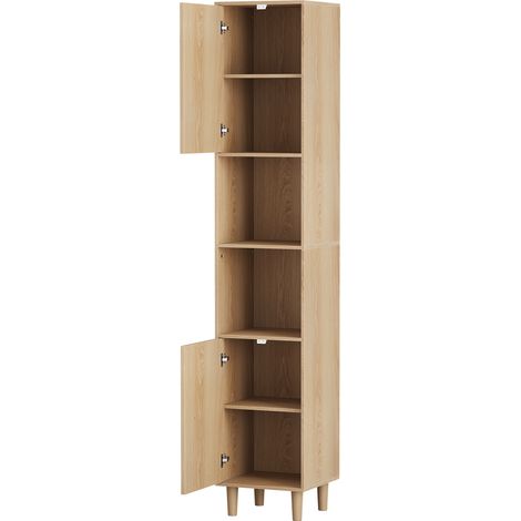 Armoire colonne pour machine à laver, meuble de salle de bain avec portes et étagères ouvertes, meuble de rangement étroit en bois pour buanderie, balcon, salle de bain, cuisine, sur pied, effet chêne (1/5)