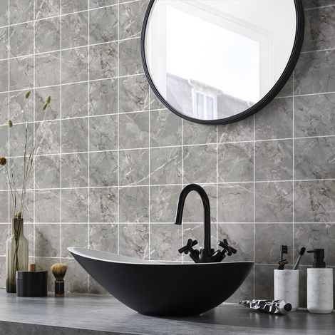 Sticker Mural Carrelage adhésif Cuisine Salle de Bain - 24 STICKERS CARRELAGES MARBRE GRIS DE OBIDOS - 24stickers15x15cm (1/4)